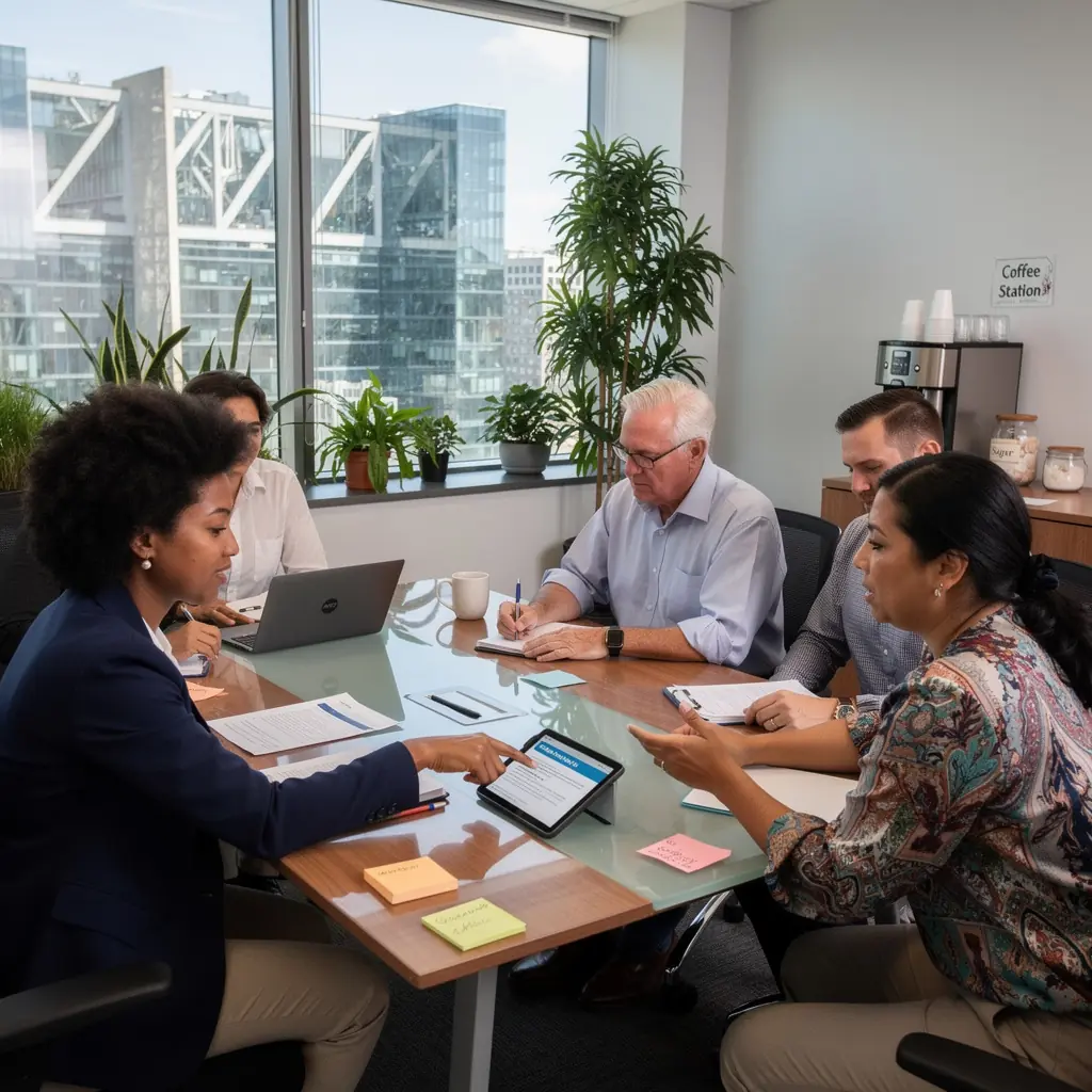 Pracownik obsługi klienta wyjaśniający szczegóły ubezpieczenia samochodowego.
