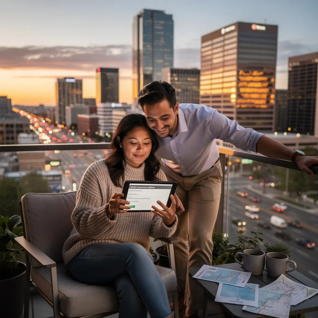 Ilustracja przedstawiająca szybkie przeglądanie dodatkowych opcji ubezpieczenia dla wynajmowanych pojazdów.