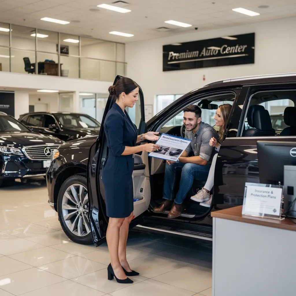 Ilustracja przedstawiająca wynajmowany samochód z widocznymi dodatkowymi opcjami ubezpieczenia.